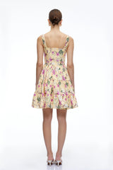 Flavie Neutral Floral Square Neck Tiered Mini Dress