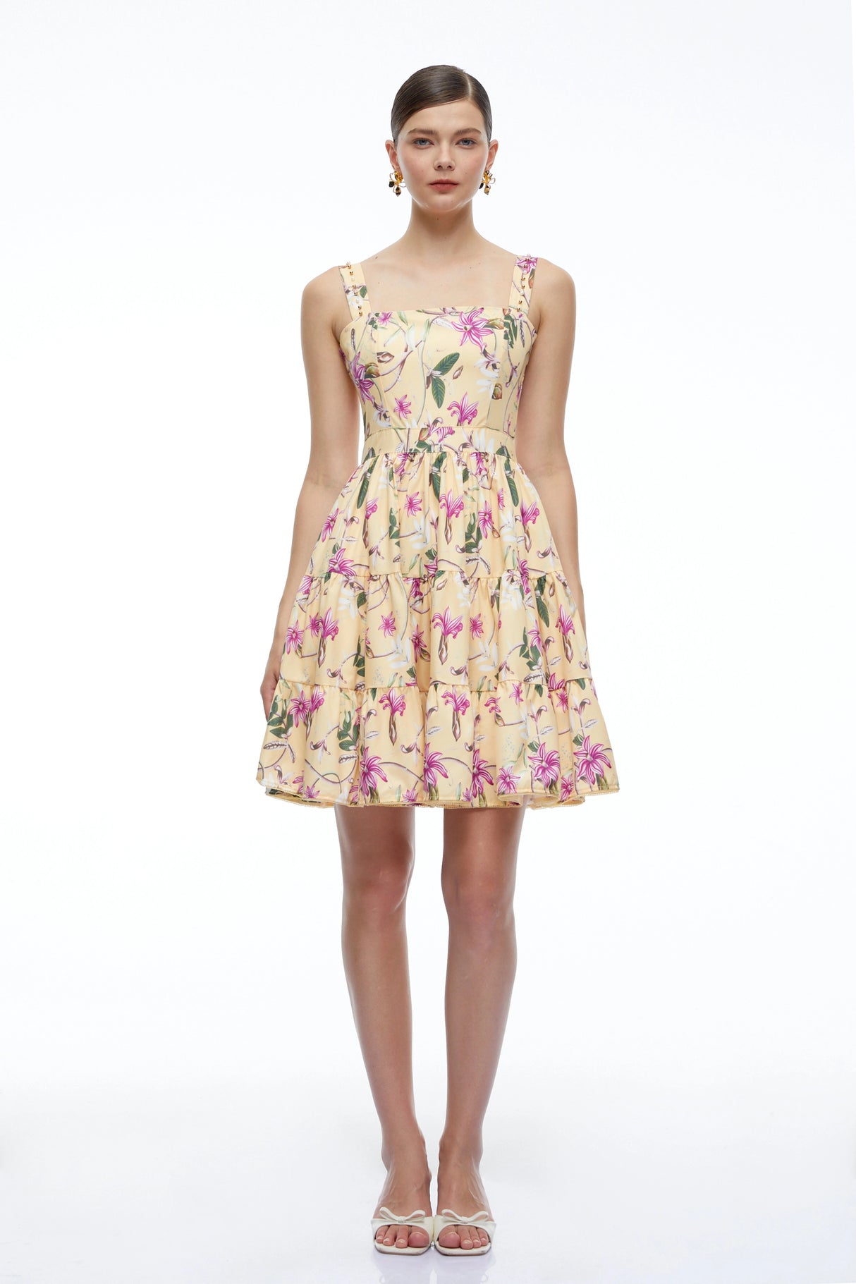 Flavie Neutral Floral Square Neck Tiered Mini Dress