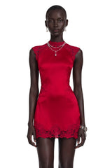 Flavie Red Satin Mini Dress with Lace Trim