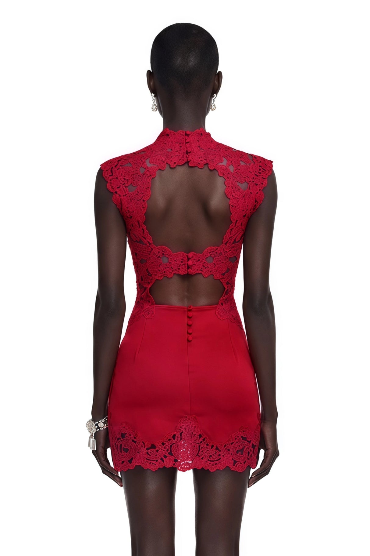 Flavie Red Satin Mini Dress with Lace Trim