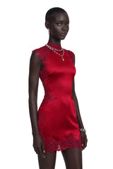Flavie Red Satin Mini Dress with Lace Trim