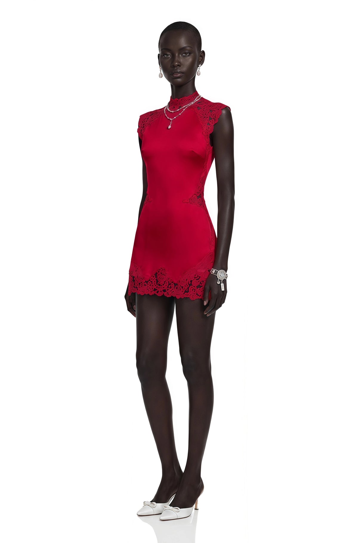 Flavie Red Satin Mini Dress with Lace Trim