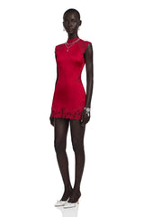 Flavie Red Satin Mini Dress with Lace Trim