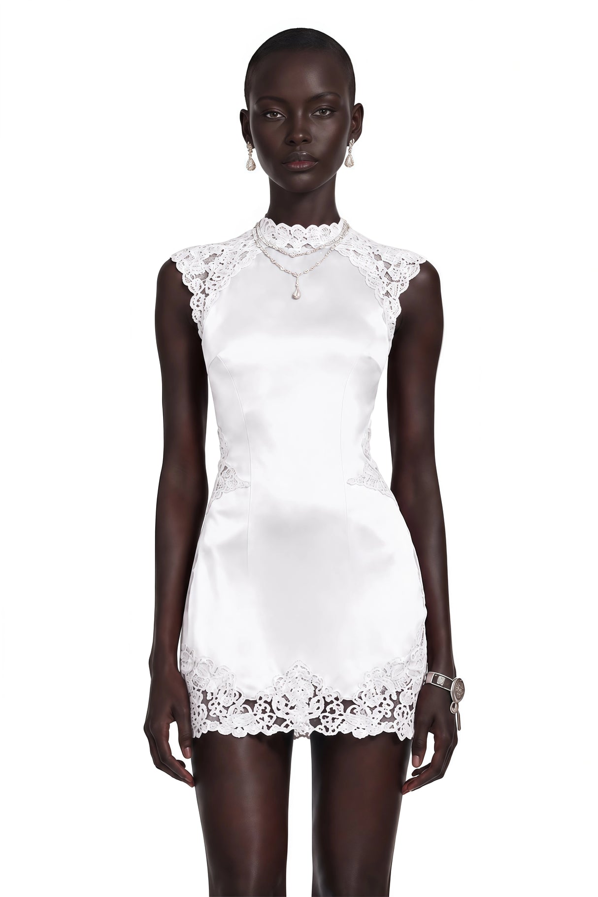 Flavie White Satin Mini Dress with Lace Trim