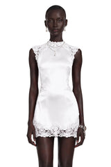 Flavie White Satin Mini Dress with Lace Trim