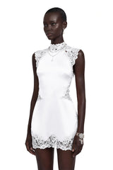 Flavie White Satin Mini Dress with Lace Trim