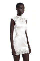 Flavie White Satin Mini Dress with Lace Trim