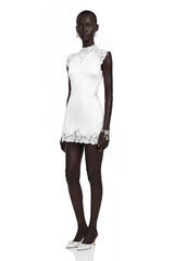 Flavie White Satin Mini Dress with Lace Trim