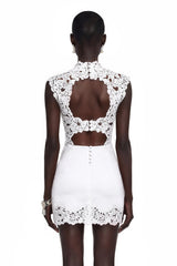 Flavie White Satin Mini Dress with Lace Trim