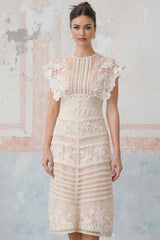 Fleur midi dress in neutral color with floral embroidered lace pattern
