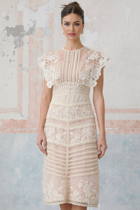 Fleur midi dress in neutral color with floral embroidered lace pattern