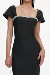 Flora Black Maxi Dress with Diamond Detailing Square Neckline Short Sleeves Elegant Chic Formal Evening Wear