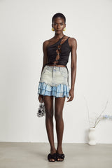 Flora denim fringetrim pleated skirt
