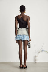 Flora denim fringetrim pleated skirt