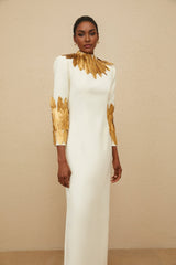 Flora Maxi Dress - White & Gold Feather Trim Long Sleeve Elegant Slit Zip Floor - Length
