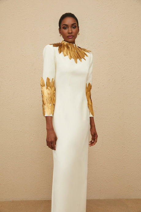 Flora Maxi Dress - White & Gold Feather Trim Long Sleeve Elegant Slit Zip Floor - Length