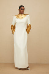 Flora Maxi Dress - White & Gold Feather Trim Long Sleeve Elegant Slit Zip Floor - Length