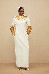 Flora Maxi Dress - White & Gold Feather Trim Long Sleeve Elegant Slit Zip Floor - Length