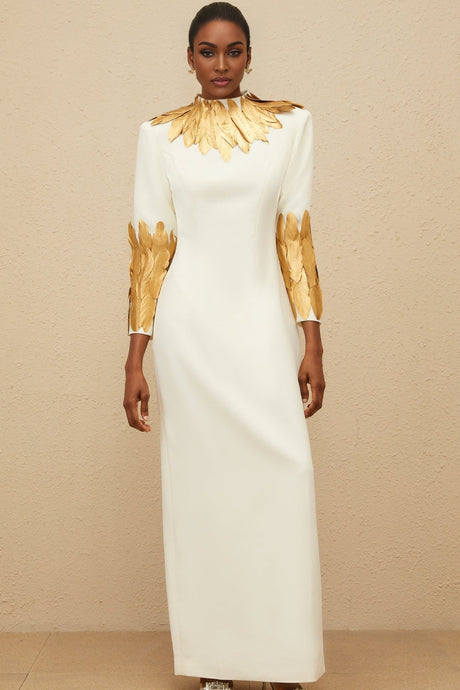 Flora Maxi Dress - White & Gold Feather Trim Long Sleeve Elegant Slit Zip Floor - Length