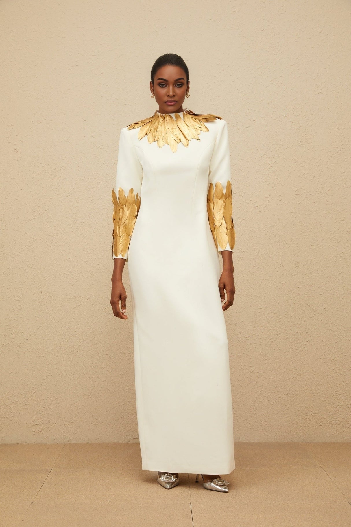 Flora Maxi Dress - White & Gold Feather Trim Long Sleeve Elegant Slit Zip Floor - Length