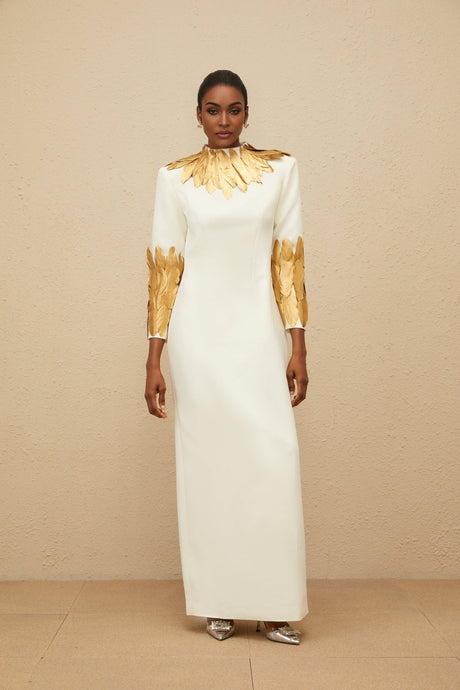 Flora Maxi Dress - White & Gold Feather Trim Long Sleeve Elegant Slit Zip Floor - Length