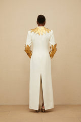 Flora Maxi Dress - White & Gold Feather Trim Long Sleeve Elegant Slit Zip Floor - Length