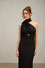 Flora Midi Dress - One Shoulder Style - Tulle Paneling - Crystal Embellishment - Asymmetric Design