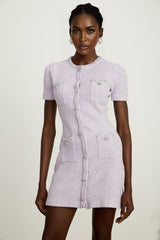 Flora Mini Dress - Round Neck - Sequin and Crystal Embellishments - Front Patch Pockets - Thigh Length