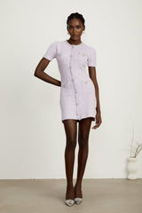 Flora Mini Dress - Round Neck - Sequin and Crystal Embellishments - Front Patch Pockets - Thigh Length