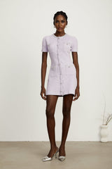 Flora Mini Dress - Round Neck - Sequin and Crystal Embellishments - Front Patch Pockets - Thigh Length