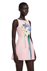 Flora Pink ALine Mini Dress with Floral Applique