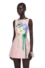 Flora Pink ALine Mini Dress with Floral Applique