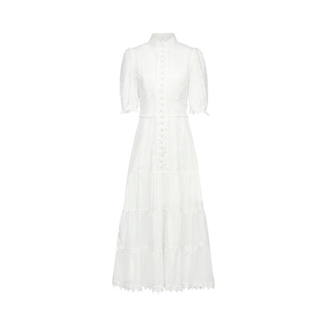 Floral embroidered lace midi dress named Coline in white color with delicate flower patterns and sheer sleeves