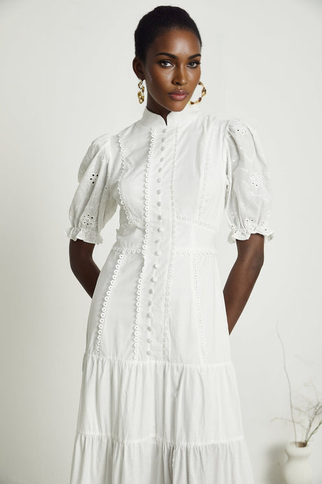 Floral embroidered lace midi dress named Coline with delicate details and feminine silhouette