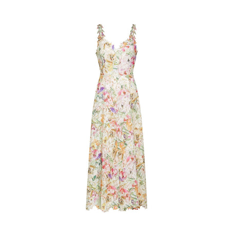 Floral embroidered lace midi dress named Enora on a plain background