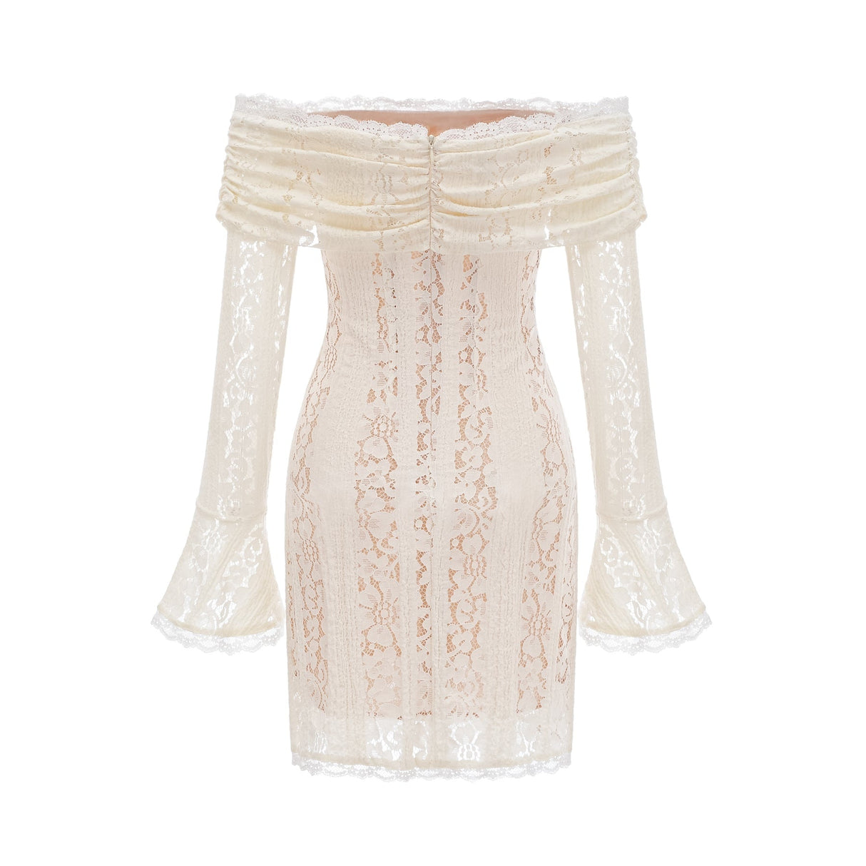 Floral lace mini dress with flared cuffs in neutral tones named Emeline