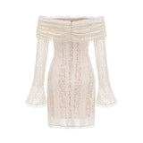Floral lace mini dress with flared cuffs in neutral tones named Emeline