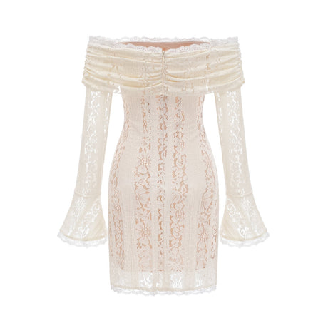 Floral lace mini dress with flared cuffs in neutral tones named Emeline
