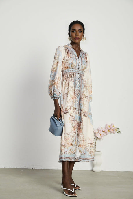 Floral print long sleeve boho dress with Camille design in flowing fabric and bohemian style
