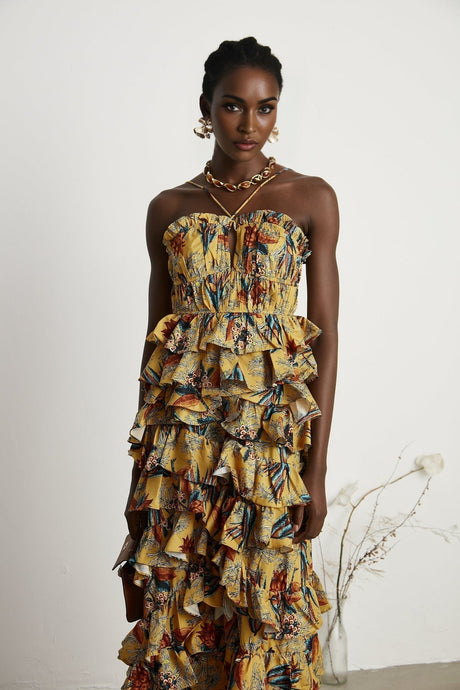 Floral print midi dress with tiered ruffles named Apolline