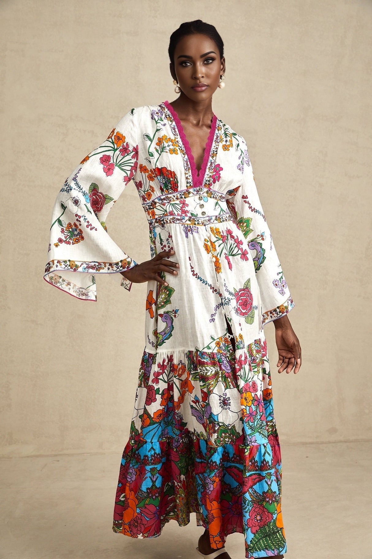 Floral print midi dress with V neckline in light colors featuring a feminine silhouette and delicate floral pattern