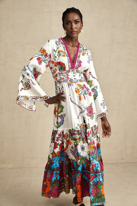 Floral print midi dress with V neckline in light colors featuring a feminine silhouette and delicate floral pattern