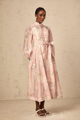 Floral print pink midi dress with embellishments and a narcisse design