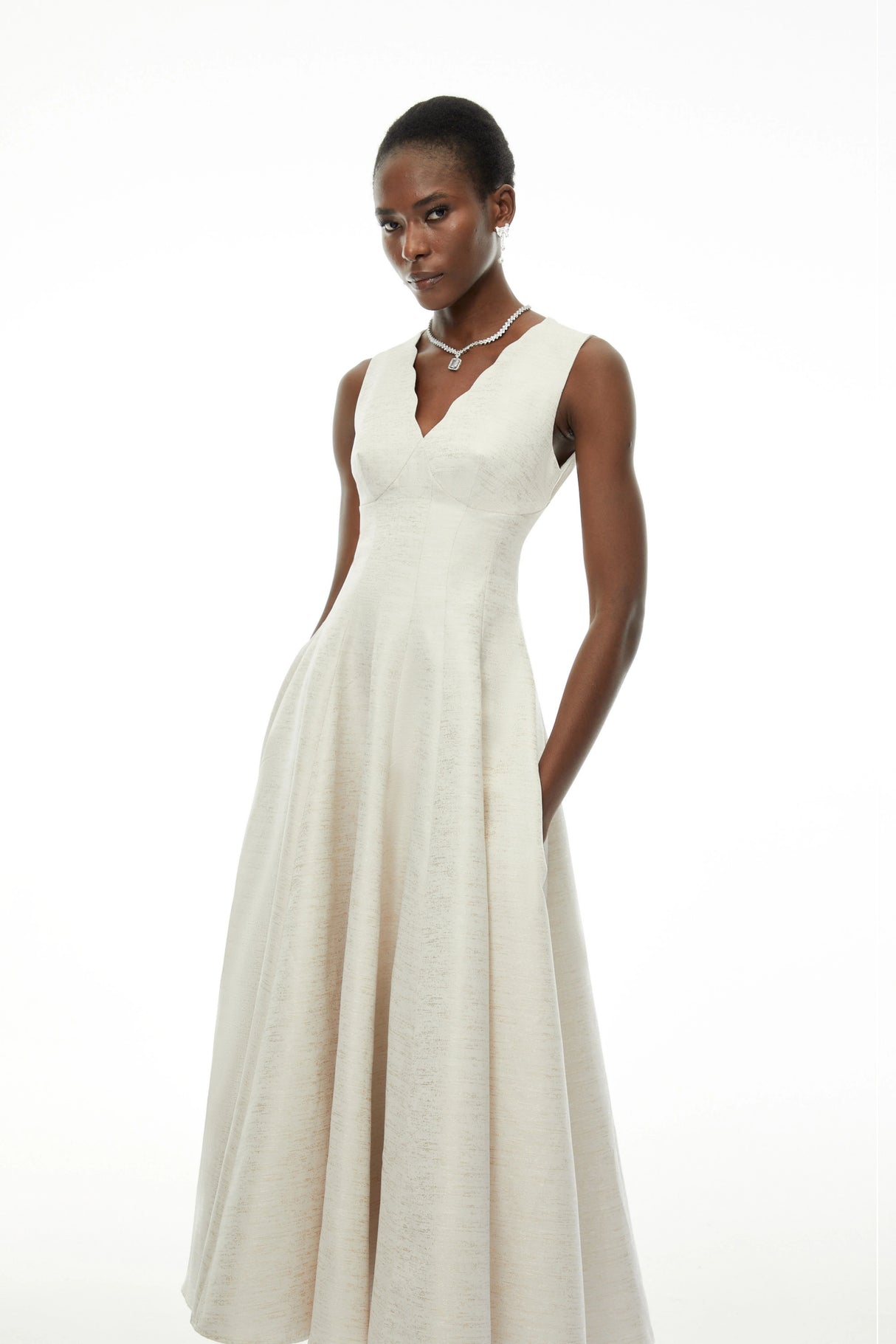 Florence Cream VNeck Flared Satin Maxi Dress
