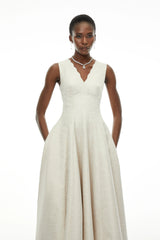 Florence Cream VNeck Flared Satin Maxi Dress