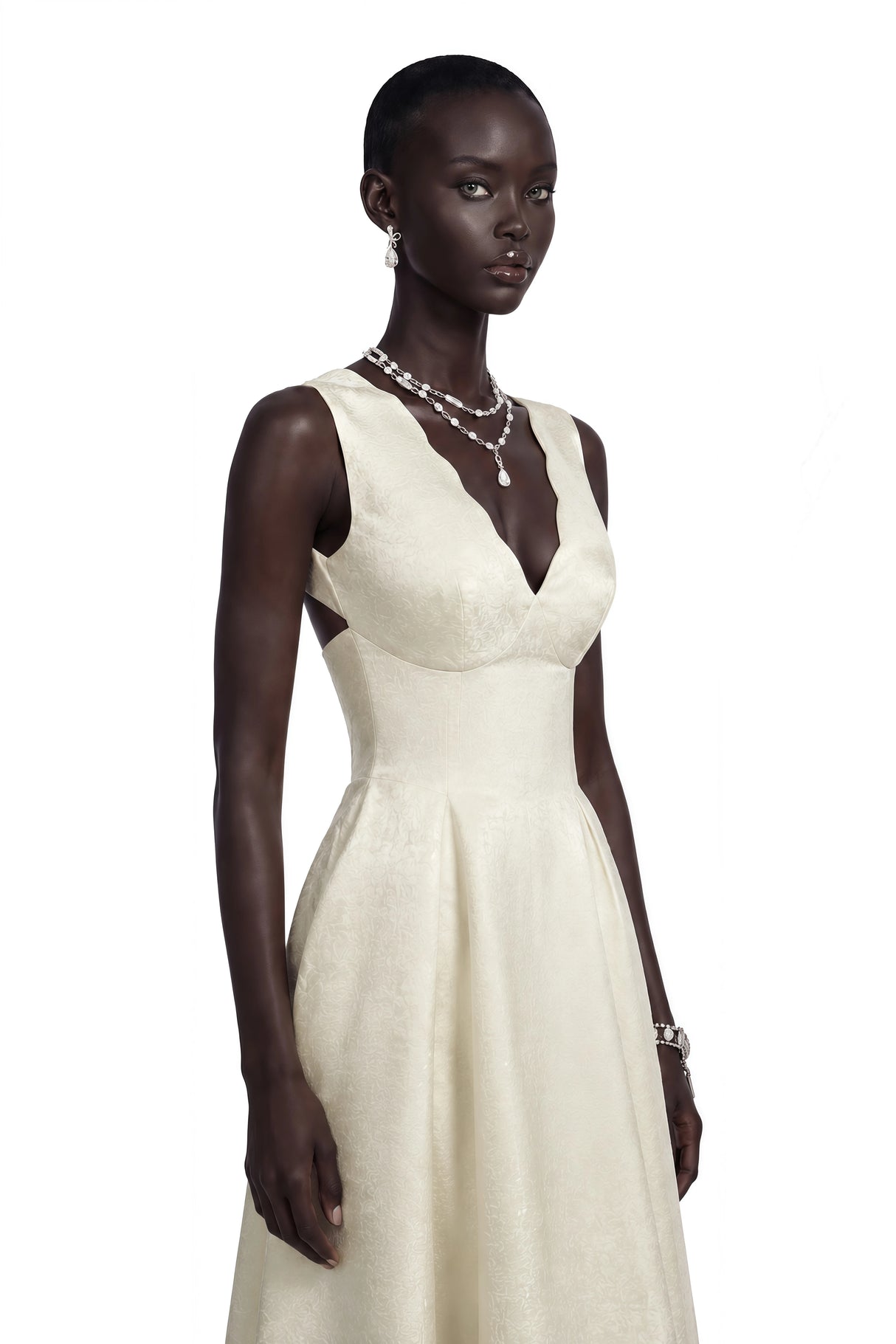 Florence Cream VNeck Flared Satin Maxi Dress