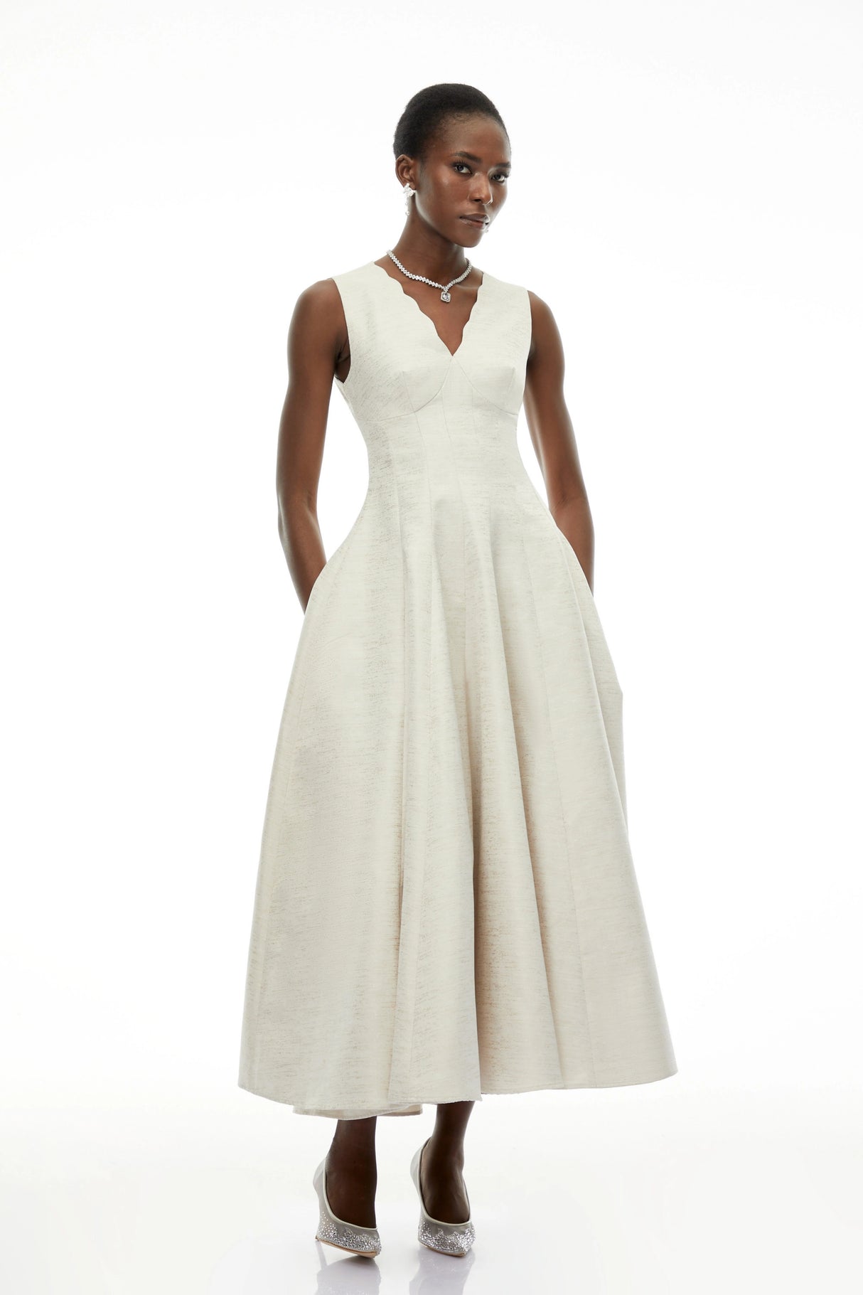 Florence Cream VNeck Flared Satin Maxi Dress