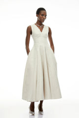 Florence Cream VNeck Flared Satin Maxi Dress
