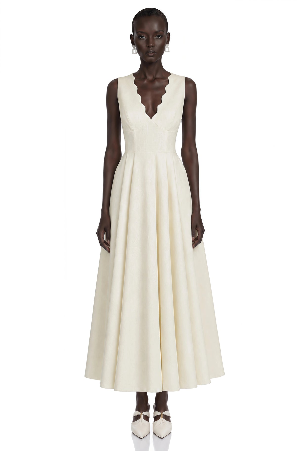 Florence Cream VNeck Flared Satin Maxi Dress