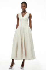 Florence Cream VNeck Flared Satin Maxi Dress